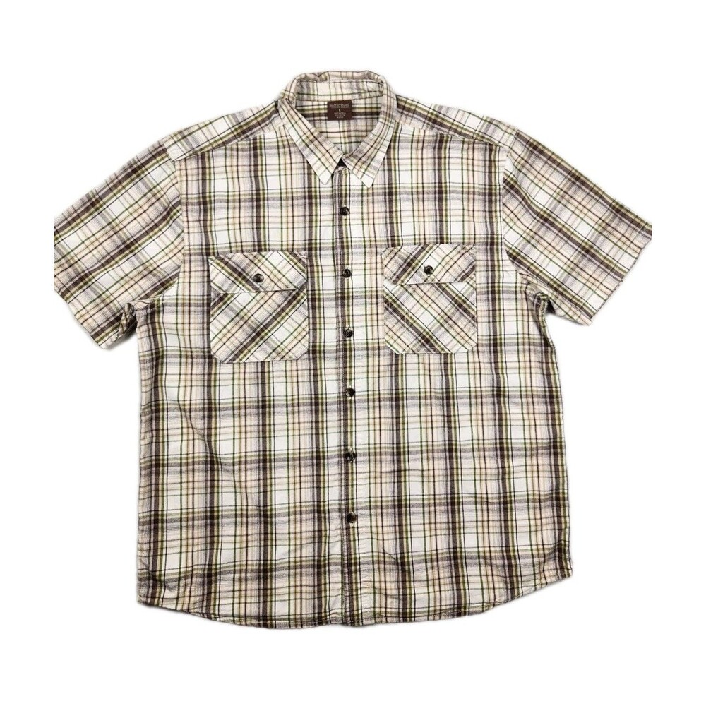 Great Northwest Short Sleeve Plaid Shirt Mens L 100% Cotton Brown/Green Casual